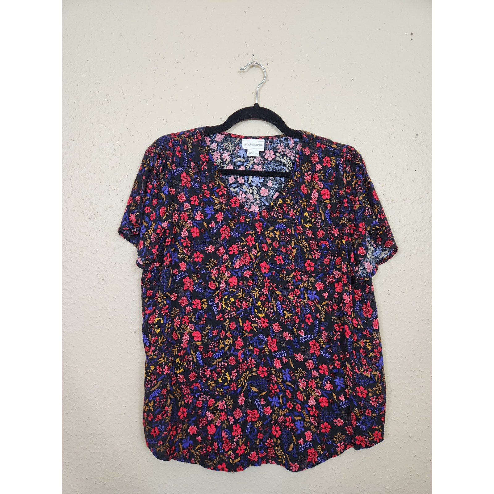 Liz Claiborne Floral Blouse V-Neck Short Sleeve Top Lightweight Size L
